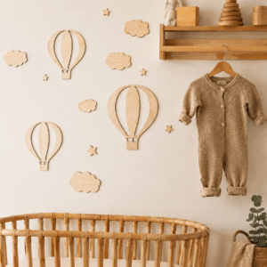AERIS wooden hot air balloon wall décor set in a neutral nursery