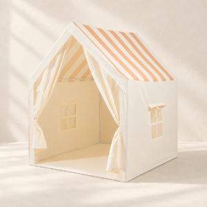 Peach Stripe VELORA children's fabric playhouse tent on an ivory studio background