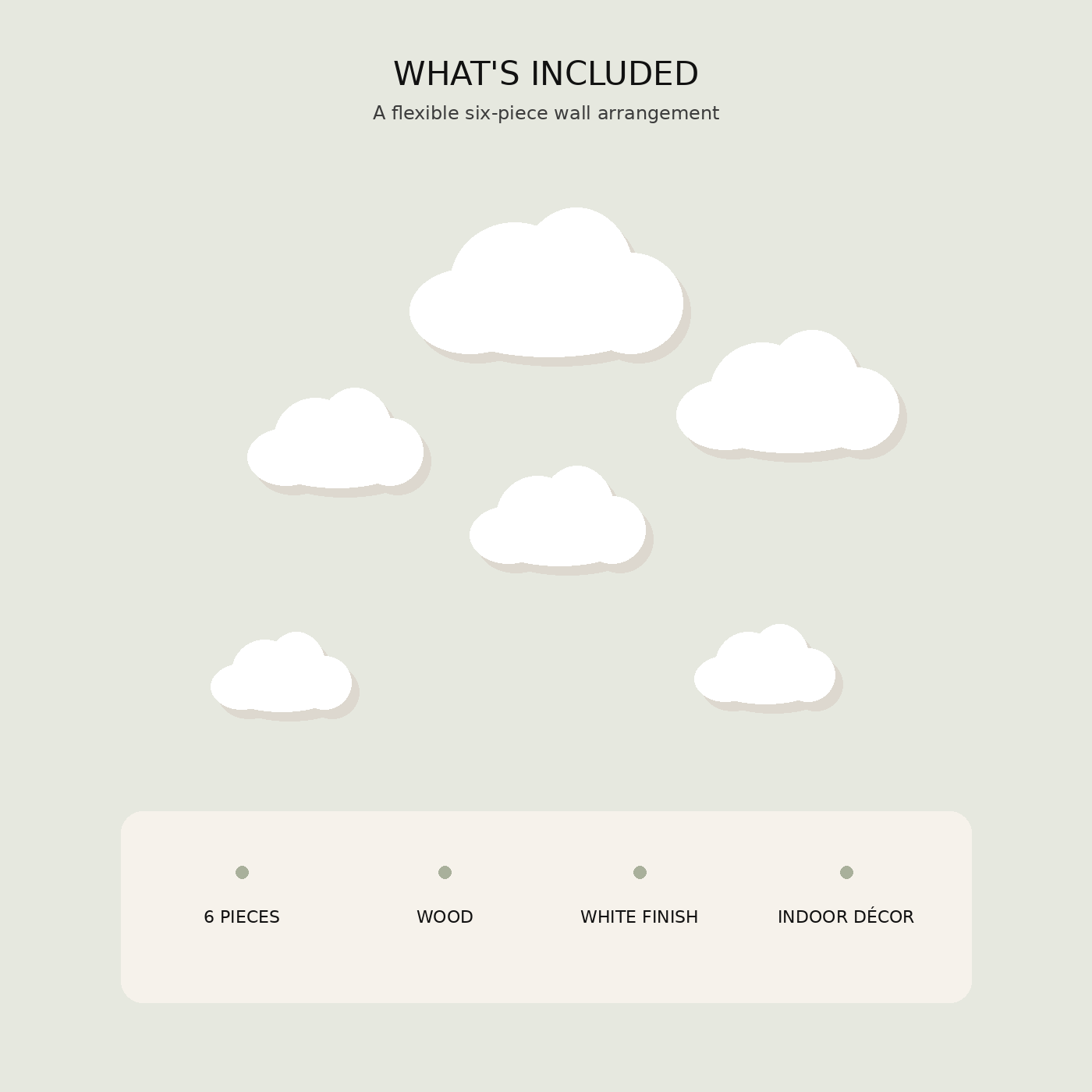 Contents of the six-piece NIMBA white wooden cloud wall décor set