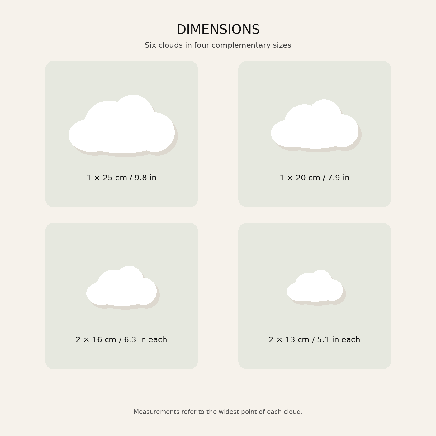 NIMBA cloud wall décor set dimensions in centimeters and inches